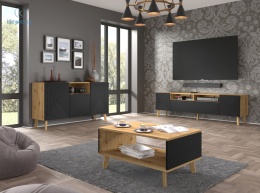 BIM FURNITURE - nowoczesny, loftowy zestaw mebli do salonu/pokoju LUXI I, kolor dąb artisan/czarny mat
