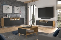 BIM FURNITURE - nowoczesny, loftowy zestaw mebli do salonu/pokoju LUXI II, kolor dąb artisan/czarny mat