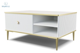 BIM FURNITURE - stolik kawowy glamour z szufladą i półką PETRA, 90x60x43 cm kolor biały mat