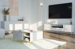 BIM FURNITURE - stolik kawowy glamour z szufladą i półką PETRA, 90x60x43 cm kolor biały mat